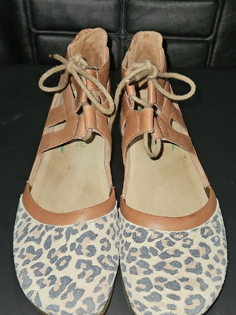 Naot Tan Leather & Leopard Print Lace-Up Flats Size 43 (Size 12 US)
